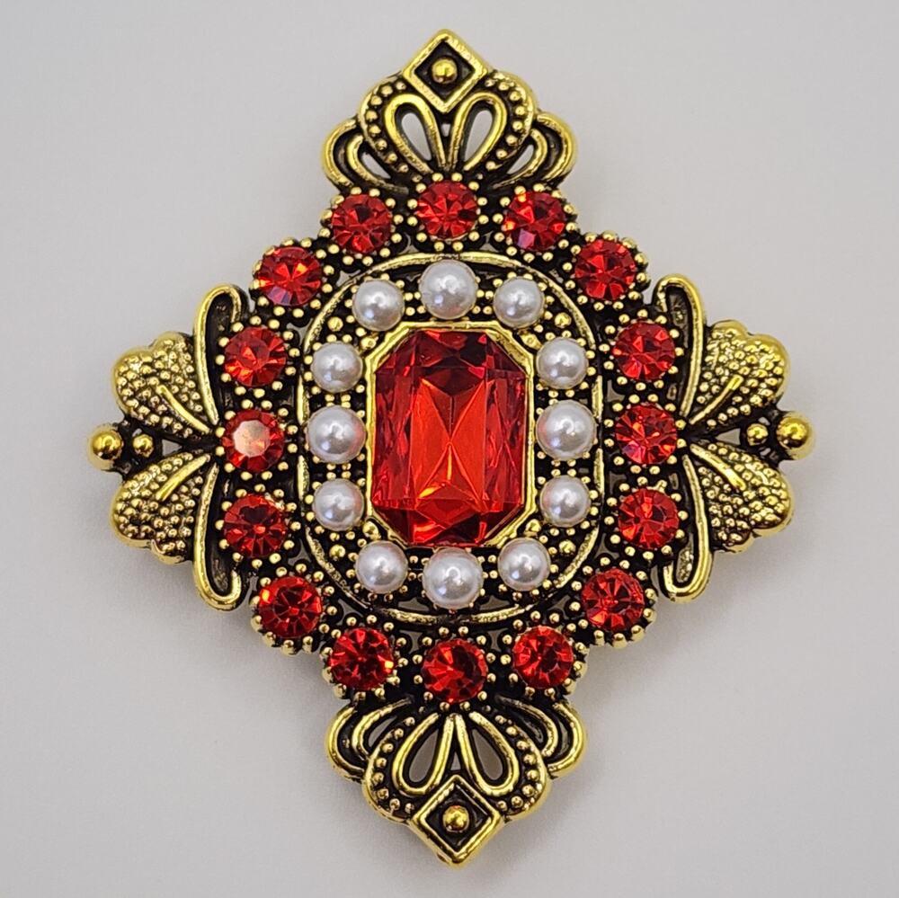 Palace Style Brooch Rectangular Faux Jewel & Rhinestones W / Faux Pearls